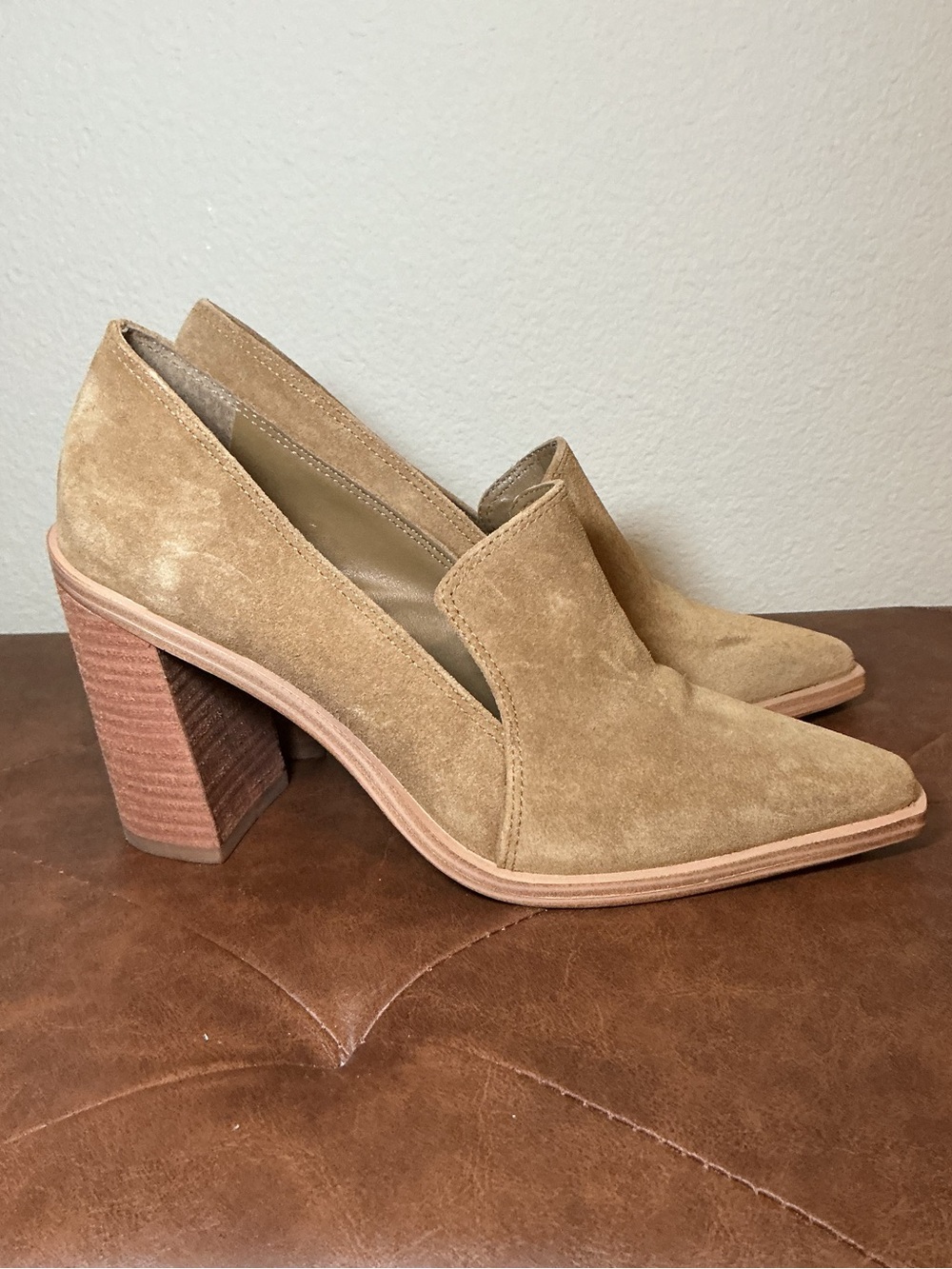 Suede Pointed-Toe Block Heel Loafer - Tan
